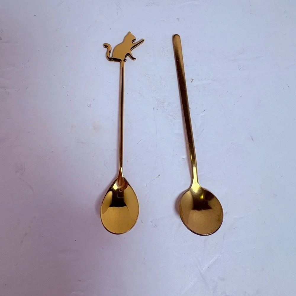 Vintage Gold Colored Cat Stirring Spoon and Regular Spoon
